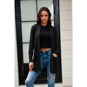 BASIC BAE Onyx Black Charcoal Gray Open Front Long Sleeve Cardigan Pockets NEW